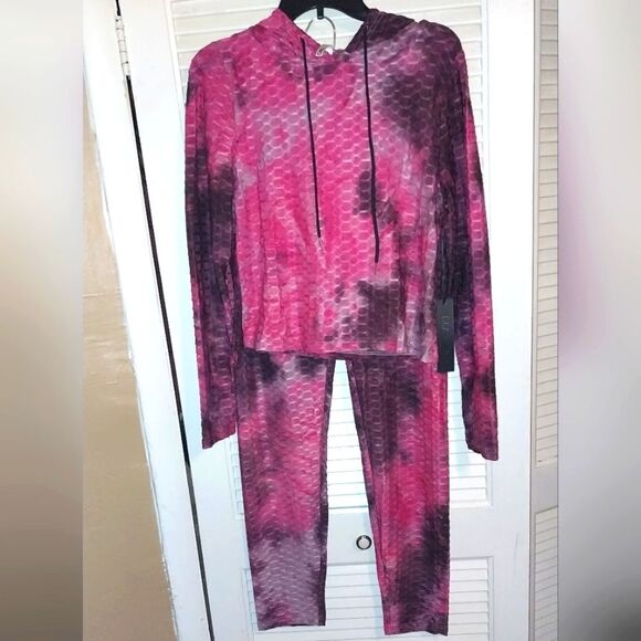 Women's Honeycomb Bubble Texture Tie Dye Butt Lift Activewear Sweatsuit Hooded L - Picture 5 of 10